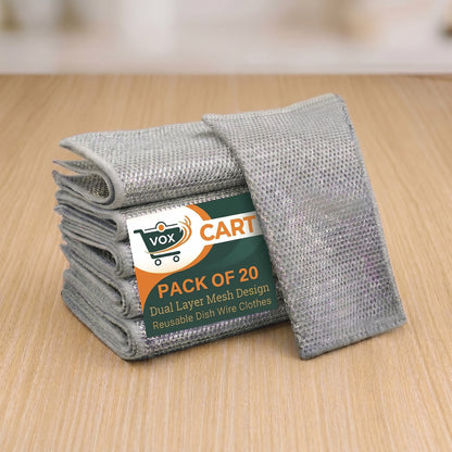 Pack of 20 reusable dish wire clothes with VOX CART branding on a wooden surface.