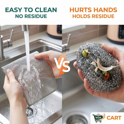Comparison of a mesh cleaning pad and a steel wool pad with text 'Easy to clean, no residue' vs 'Hurts hands, holds residue'.