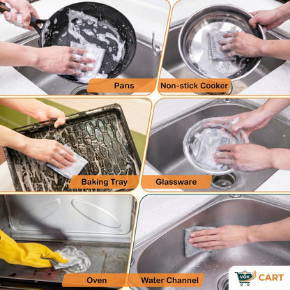 Collage of hands cleaning various kitchen items including pans, non-stick cooker, baking tray, glassware, oven, and water channel with text labels.