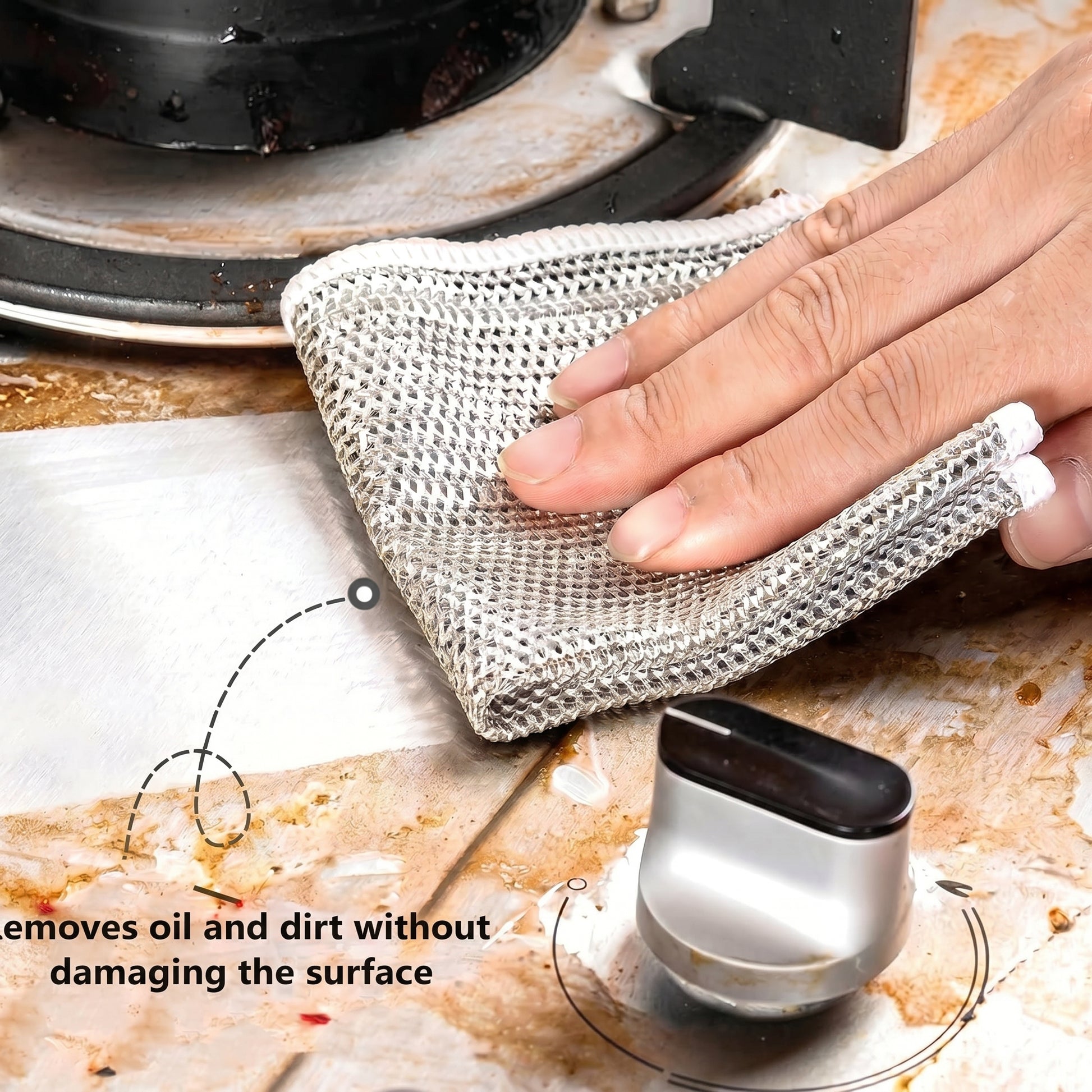 Person using a mesh scrubber to clean a stove top with text indicating it removes oil and dirt without damaging the surface.