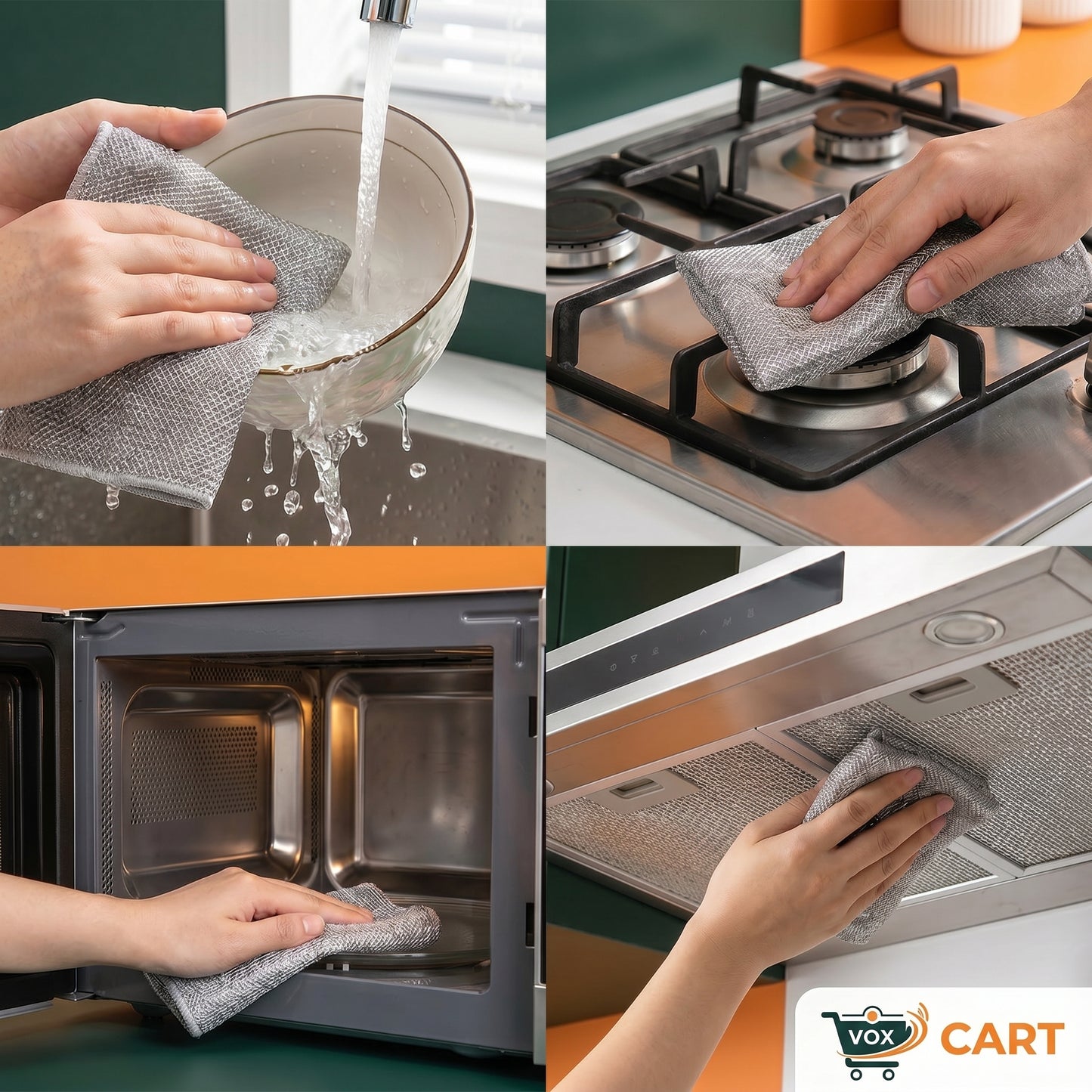 Collage of hands cleaning various kitchen appliances with a gray cloth.