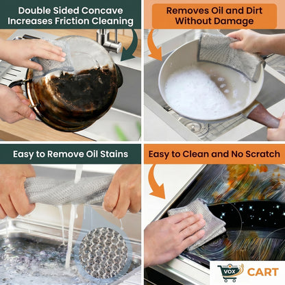 Cleaning product being used on a pot with text highlighting its features.