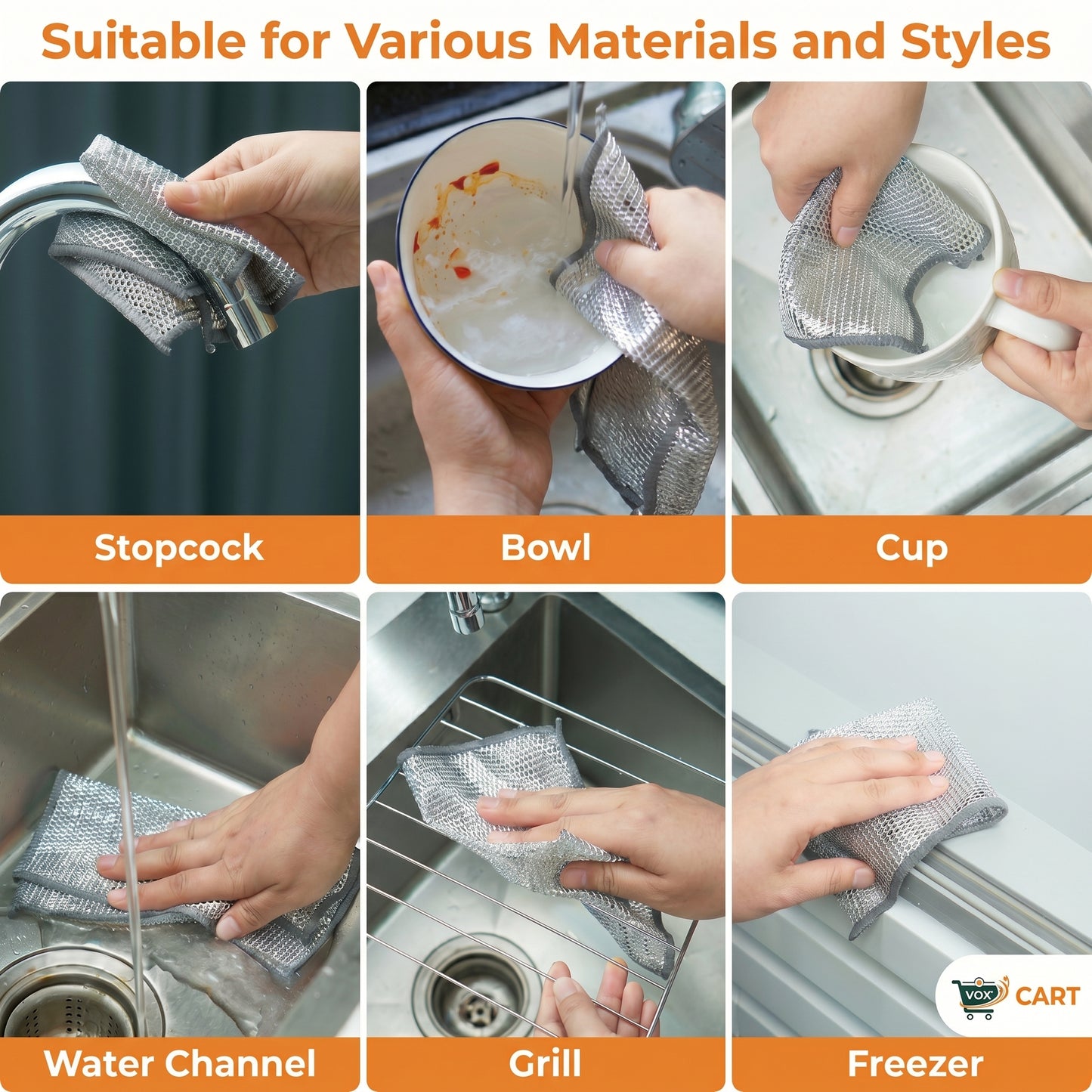 Demonstration of a mesh cleaning tool being used on various kitchen items including a stopcock, bowl, cup, water channel, grill, and freezer.
