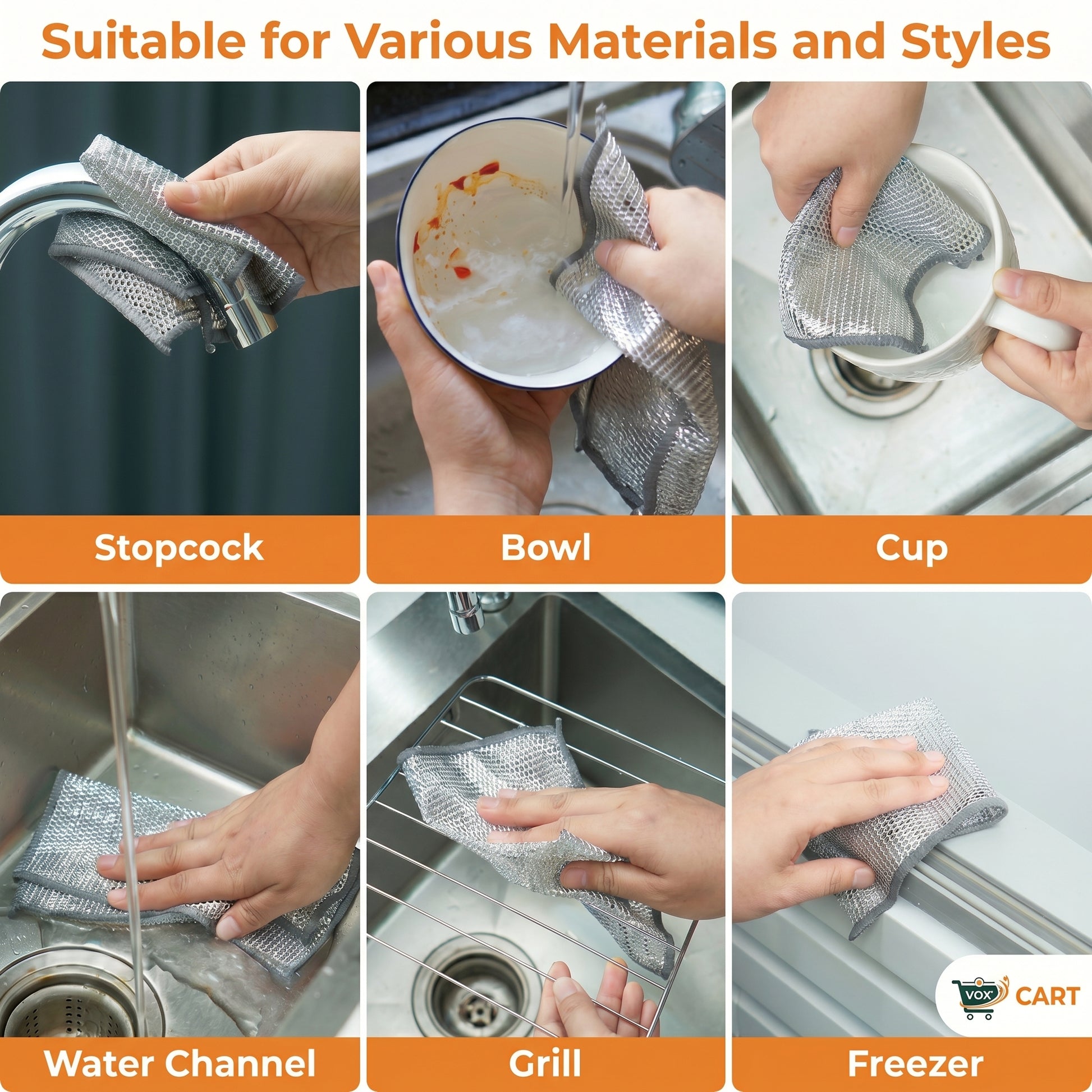 Demonstration of a mesh cleaning tool being used on various kitchen items including a stopcock, bowl, cup, water channel, grill, and freezer.
