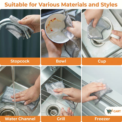 Demonstration of a mesh cleaning tool being used on various kitchen items including a stopcock, bowl, cup, water channel, grill, and freezer.