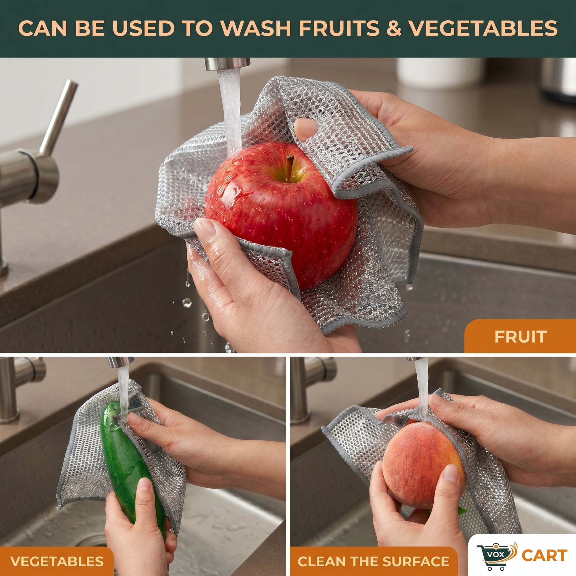 Person washing fruits and vegetables with a reusable mesh scrubber in a kitchen sink.