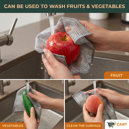 Person washing fruits and vegetables with a reusable mesh scrubber in a kitchen sink.