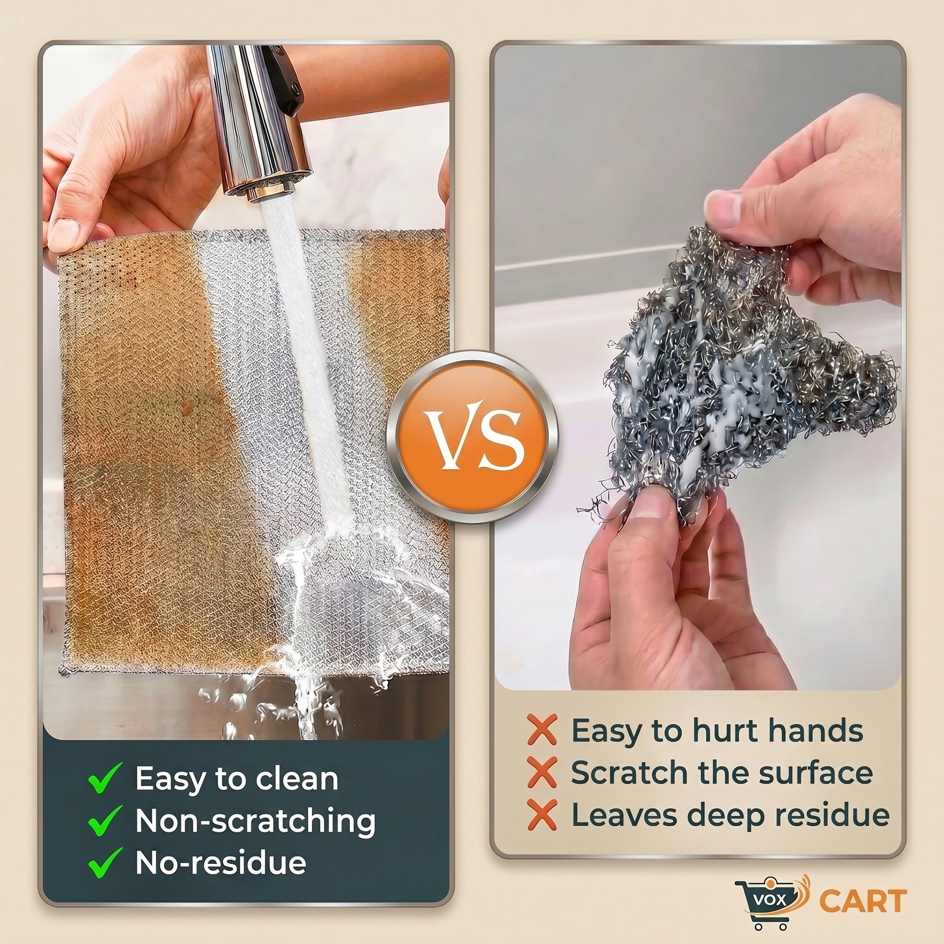 Comparison of cleaning methods with a scrubber and a mesh scrubber, showing their effectiveness and drawbacks.