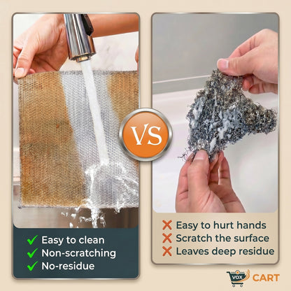 Comparison of cleaning methods with a scrubber and a mesh scrubber, showing their effectiveness and drawbacks.