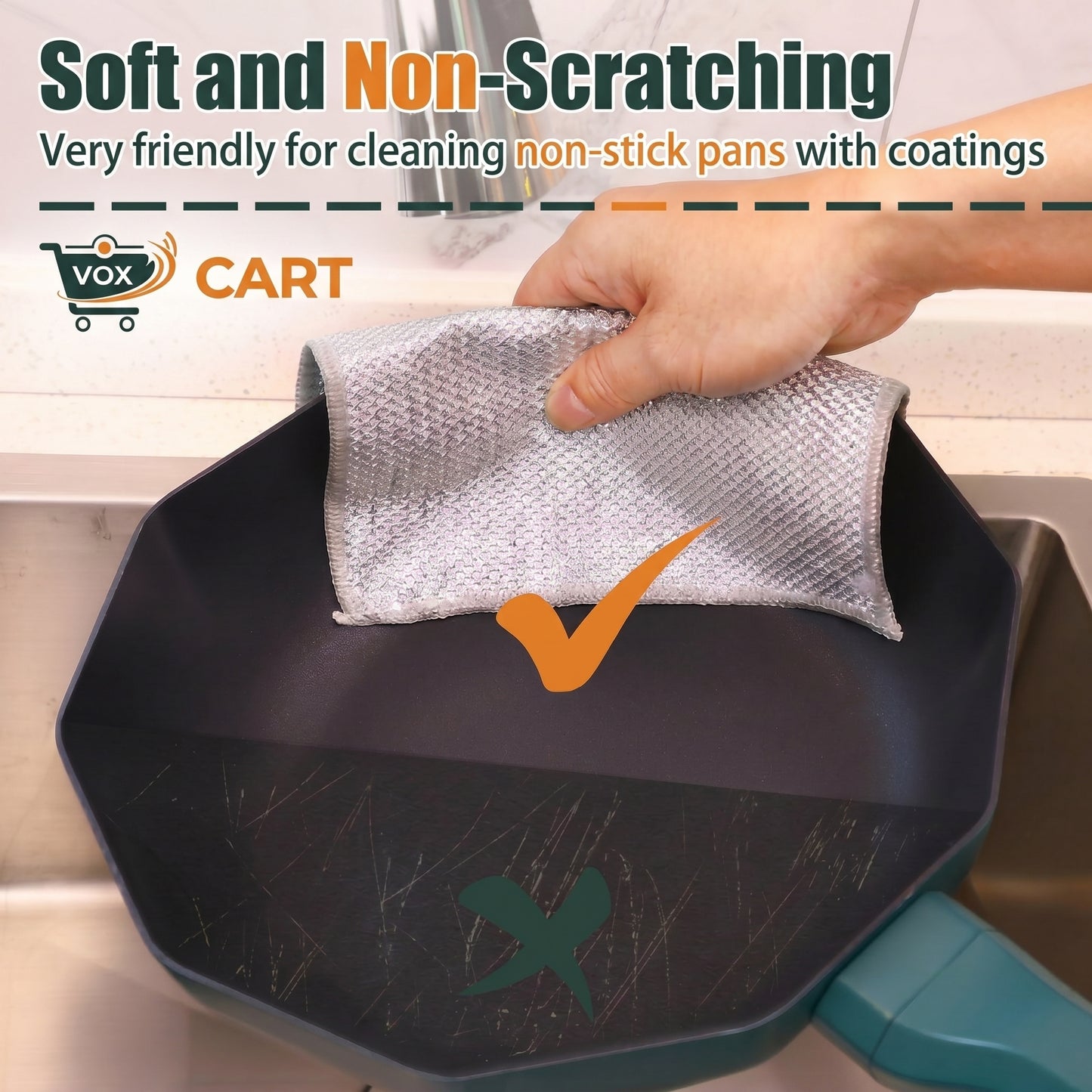 Hand using a soft cleaning cloth on a non-stick pan with text about its properties.