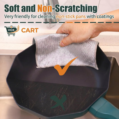 Hand using a soft cleaning cloth on a non-stick pan with text about its properties.